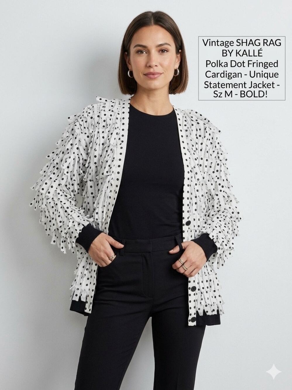 Vintage Shag Rag by Kalle Polka Dot Shag Cardigan Jacket Fringe Ribbon Medium